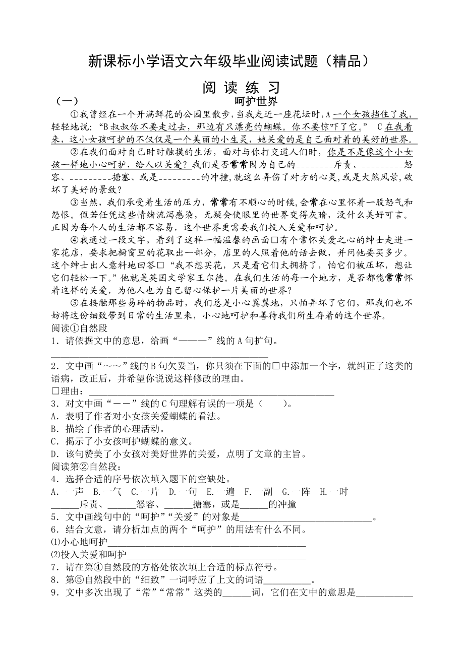 新课标小学语文六级毕业阅读试题（精品）.doc_第1页