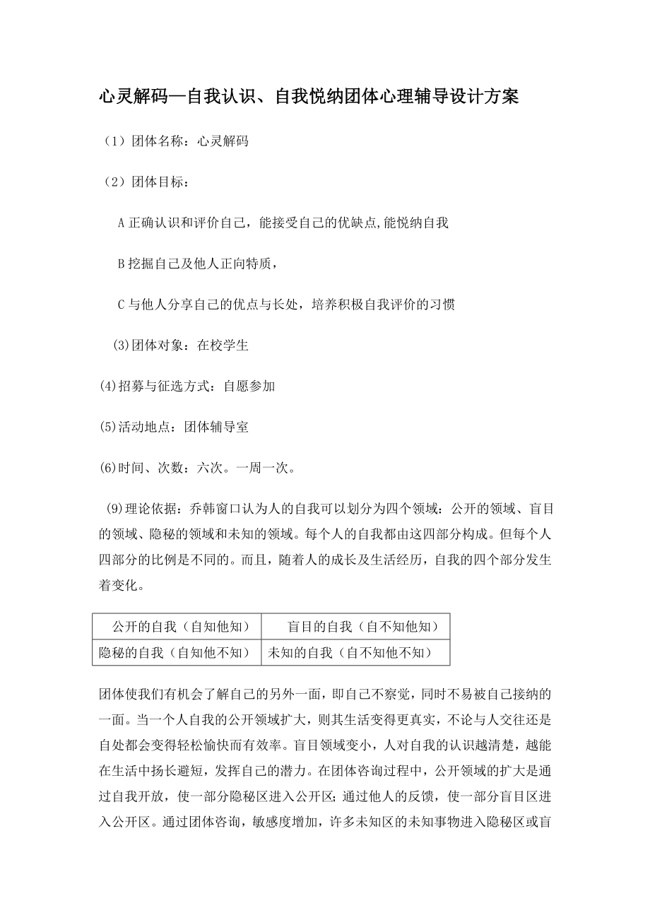 认识自我、悦纳自我团体设计方案.doc_第1页