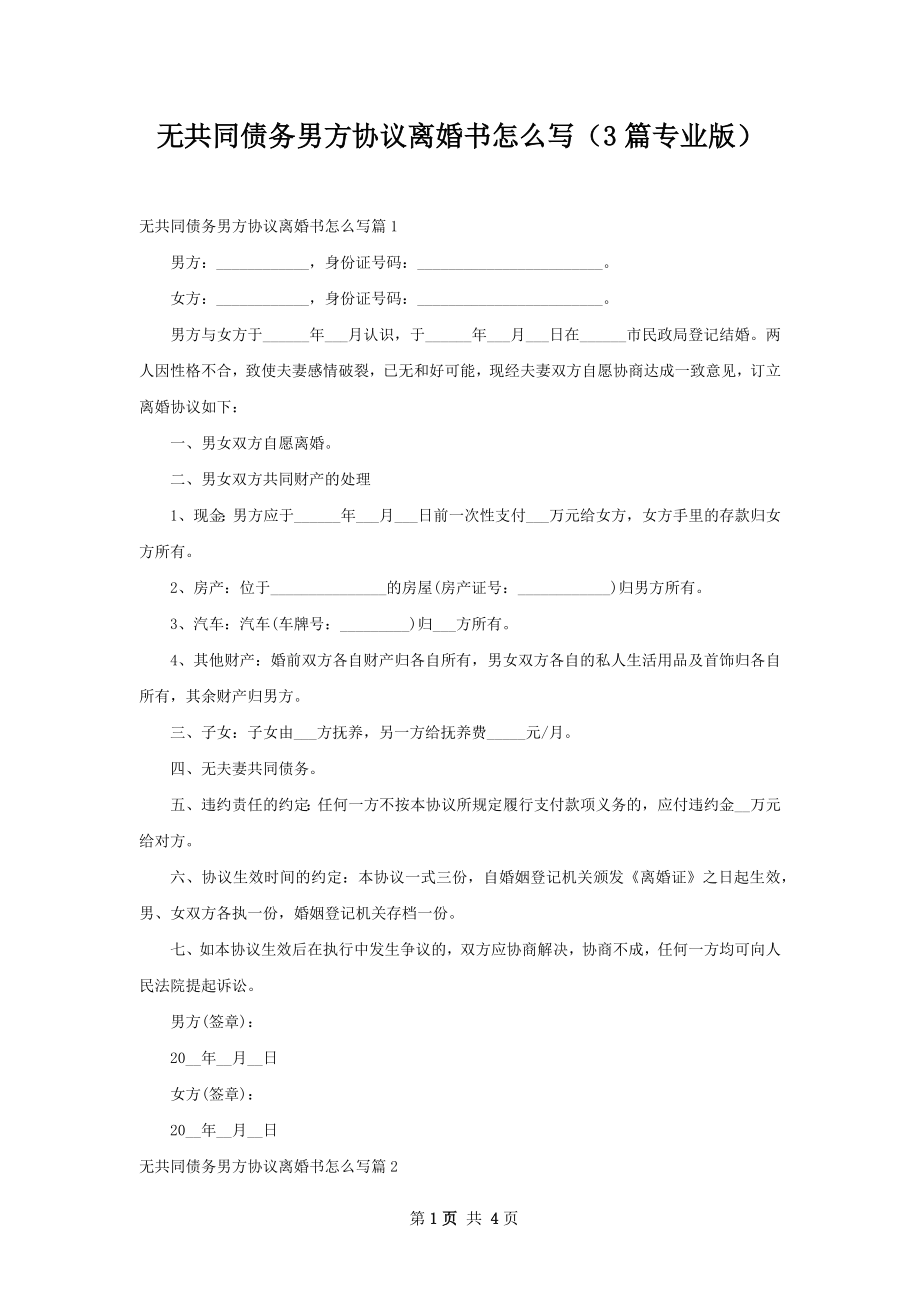 无共同债务男方协议离婚书怎么写（3篇专业版）.docx_第1页