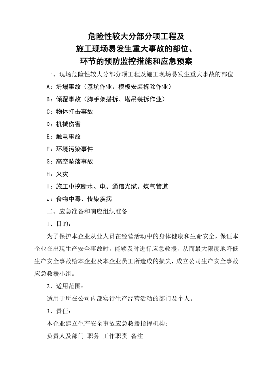 危险性较大分部分项工程及施工现场易发生重大事故的部位预防监控和应急预案.doc_第1页