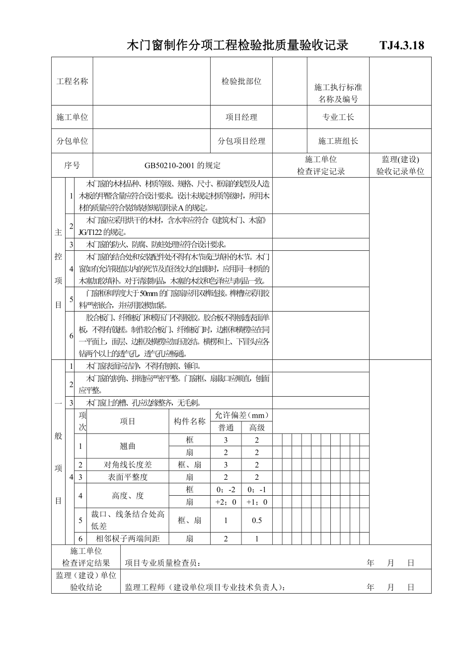 TJ4.3.18木门窗制作分项工程检验批质量验收记录.doc_第1页