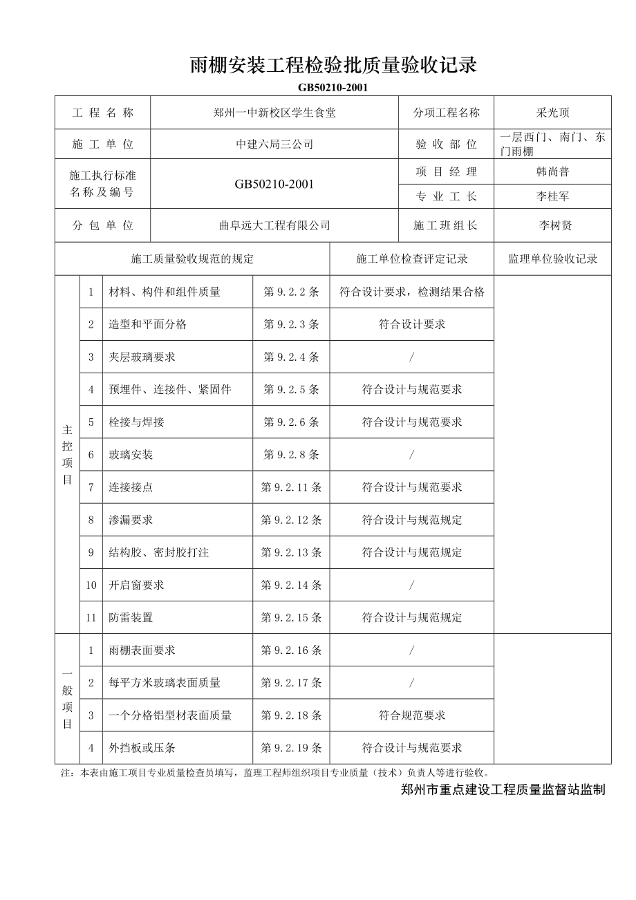 工地施工资料表格雨棚检验批.doc_第1页