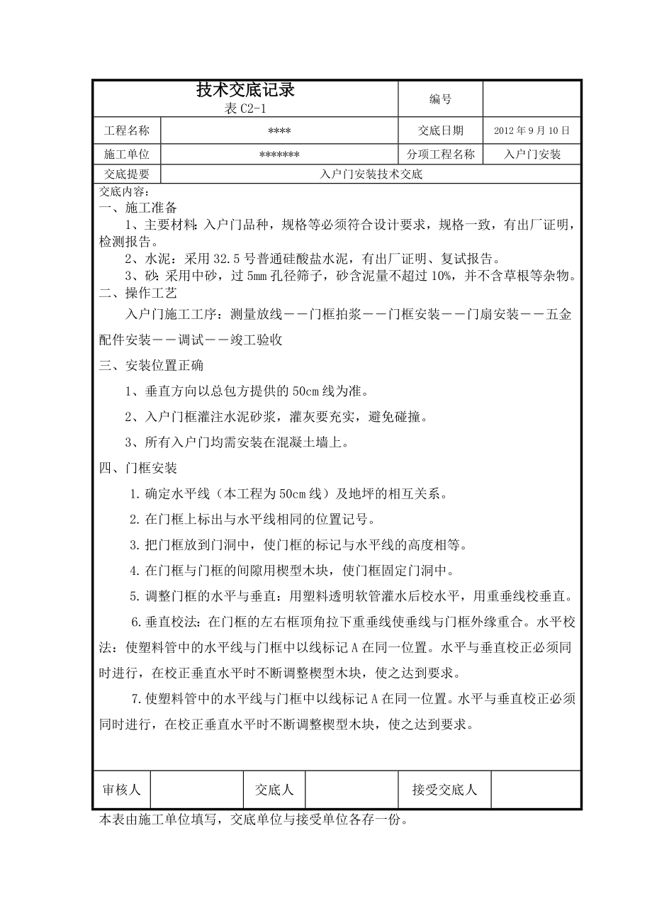 入户门安装技术交底.doc_第1页