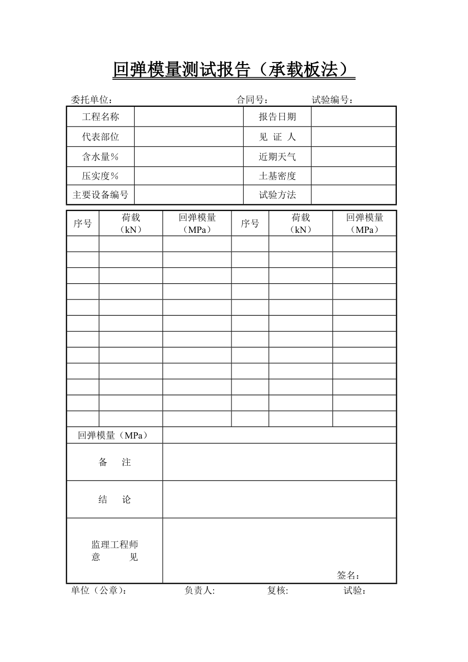 48回弹模量测试报告（承载板法）【甘肃公路工程试验用表】.doc_第1页