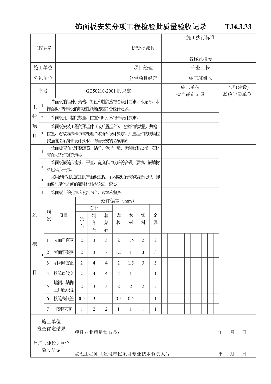 TJ4.3.33饰面板安装分项工程检验批质量验收记录.doc_第1页