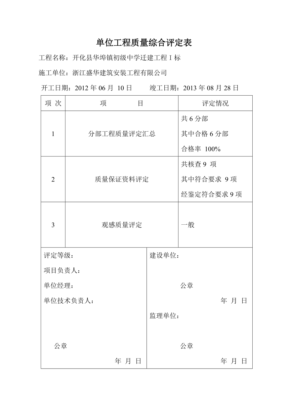 初级中学迁建工程单位工程质量综合评定表.doc_第1页