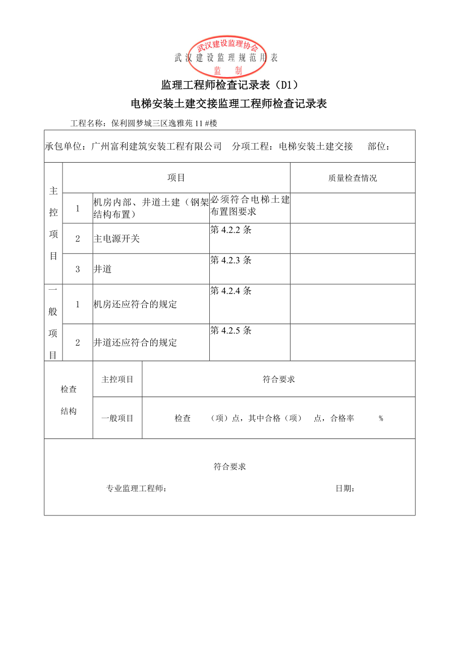 电梯安装土建交接质量验收监理工程师检查记录表.doc_第1页