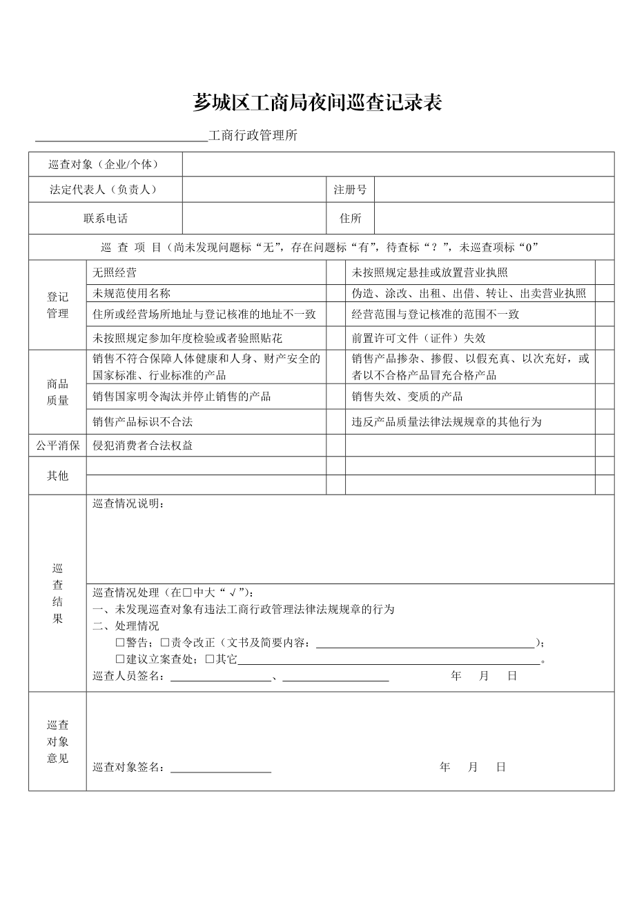 芗城区工商局夜间巡查记录表.doc_第1页