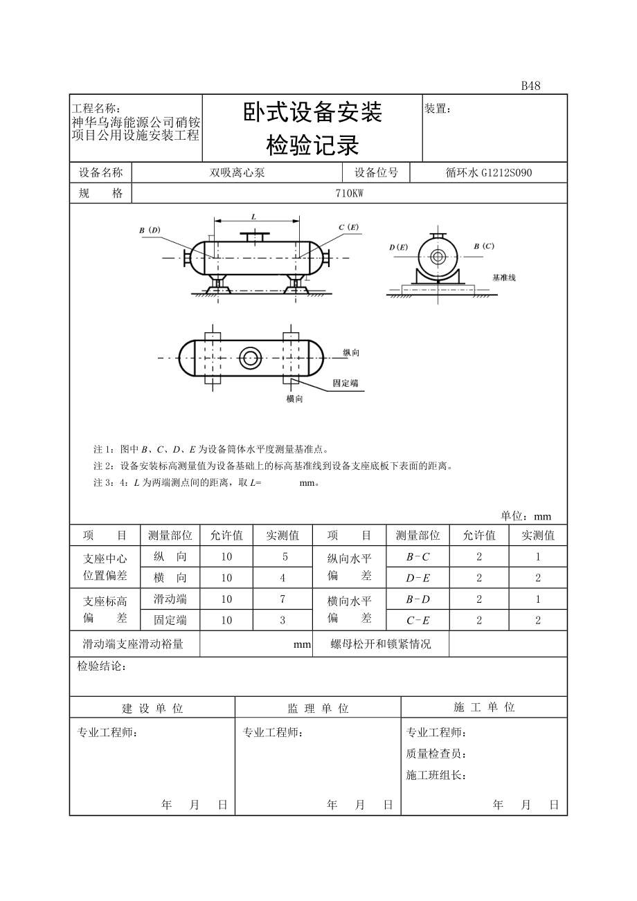 能源公司硝铵项目公用设施安装工程卧式设备安装检验记录.doc_第3页