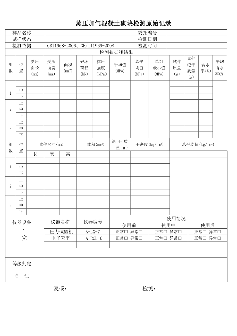 蒸压加气混凝土砌块检测原始记录(表格).doc_第1页