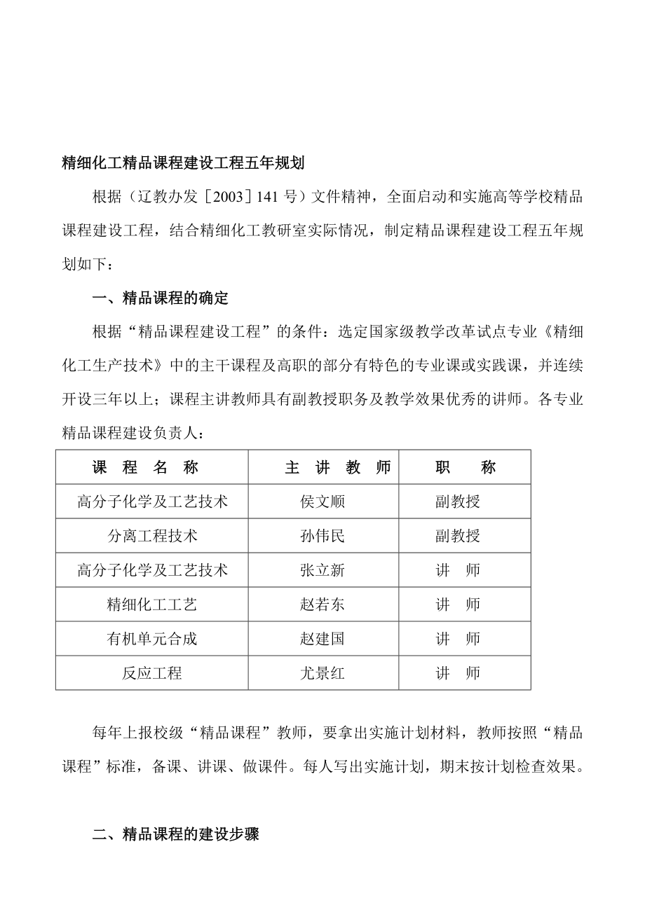 精细化工精品课程建设工程五规划.doc_第1页