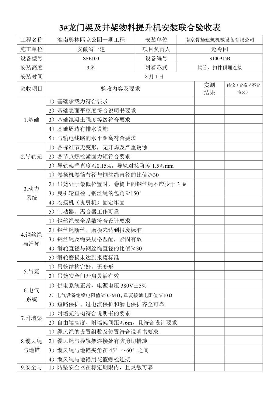 龙门架及井架物料提升机安装验收表.doc_第1页