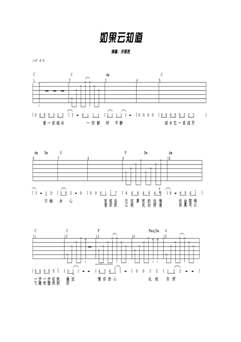 如果云知道是许茹芸1996年9月8日的成名曲由许常德季忠平填词季忠平谱曲屠颖编曲收录于1996年10月3日发行的如果云知道专辑吉他谱.docx_第1页