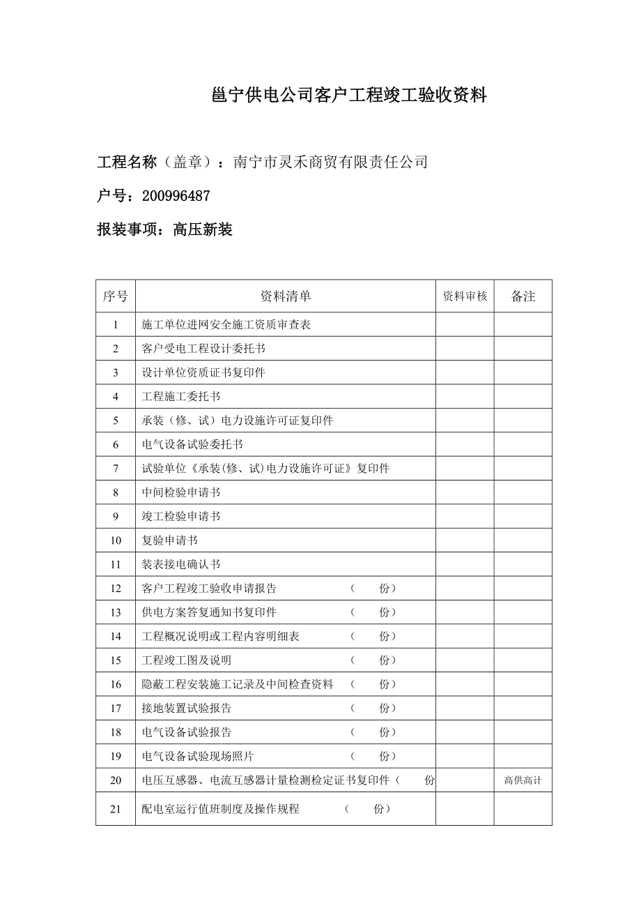 南宁市灵禾商贸有限责任公司10kv竣工资料工程目录验收资料.doc_第2页