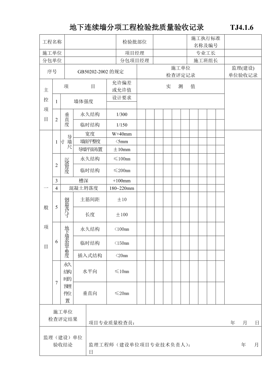 江苏资料表格土建TJ4.1.6地下连续墙分项工程检验批质量验收记录.doc_第1页