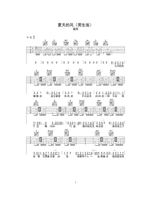 夏天的风吉他谱六线谱 温岚 G调 男生版 民谣吉他弹唱谱 吉他谱.docx