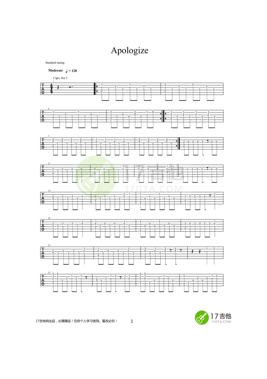 Apologize指弹吉他谱六线谱此谱用GTP制作如需要GTP的朋友请到GTP谱栏目下载 吉他谱.docx_第1页