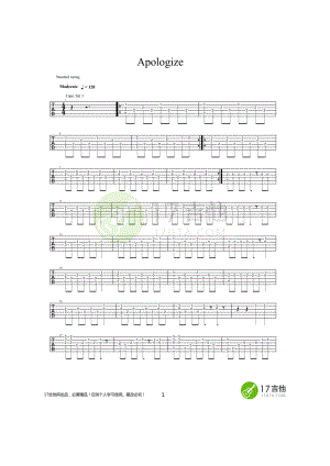 Apologize指弹吉他谱六线谱此谱用GTP制作如需要GTP的朋友请到GTP谱栏目下载 吉他谱.docx