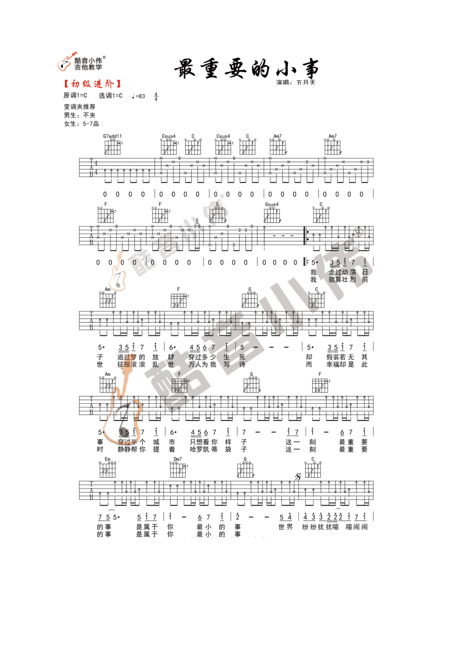 五月天 最重要的小事吉他谱六线谱 C调高清弹唱谱初级进阶版酷音小伟吉他编配制作 吉他谱_1.docx_第1页