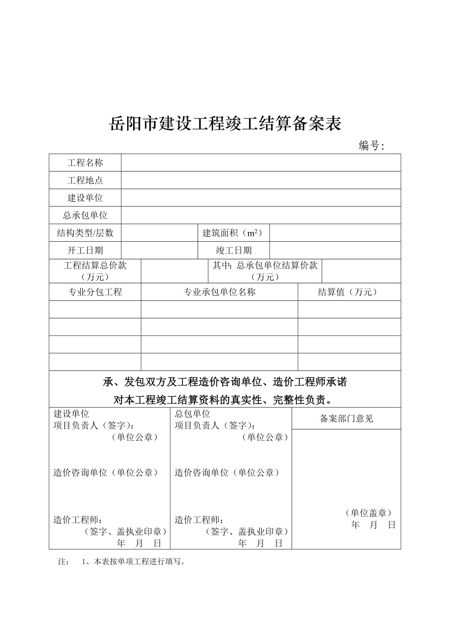 岳阳市建设工程竣工结算备案表.doc_第1页