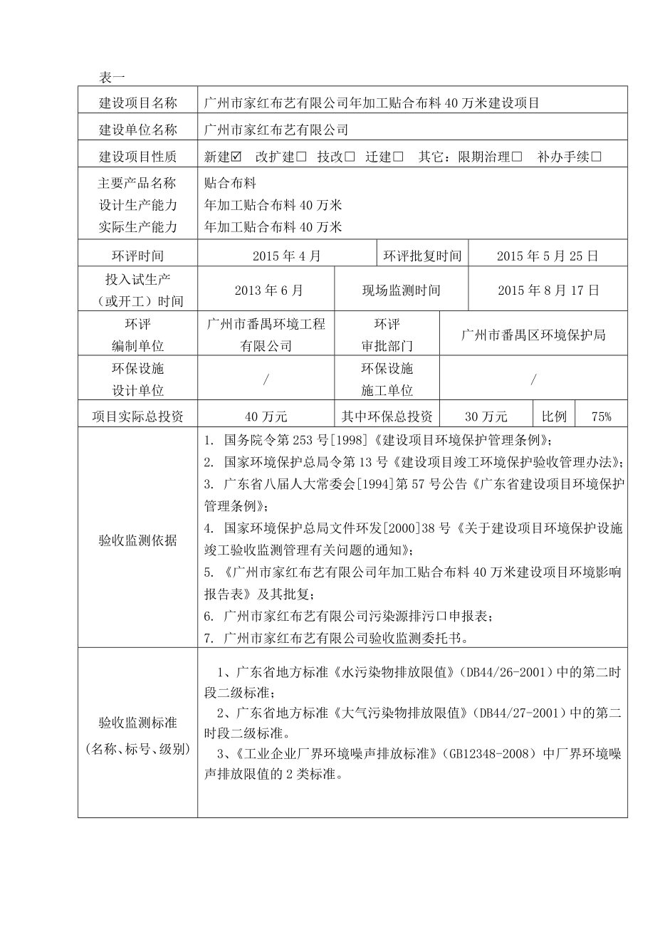 广州市家红布艺有限公司加工贴合布料40万米建设项目建设项目竣工环境保护验收.doc_第3页