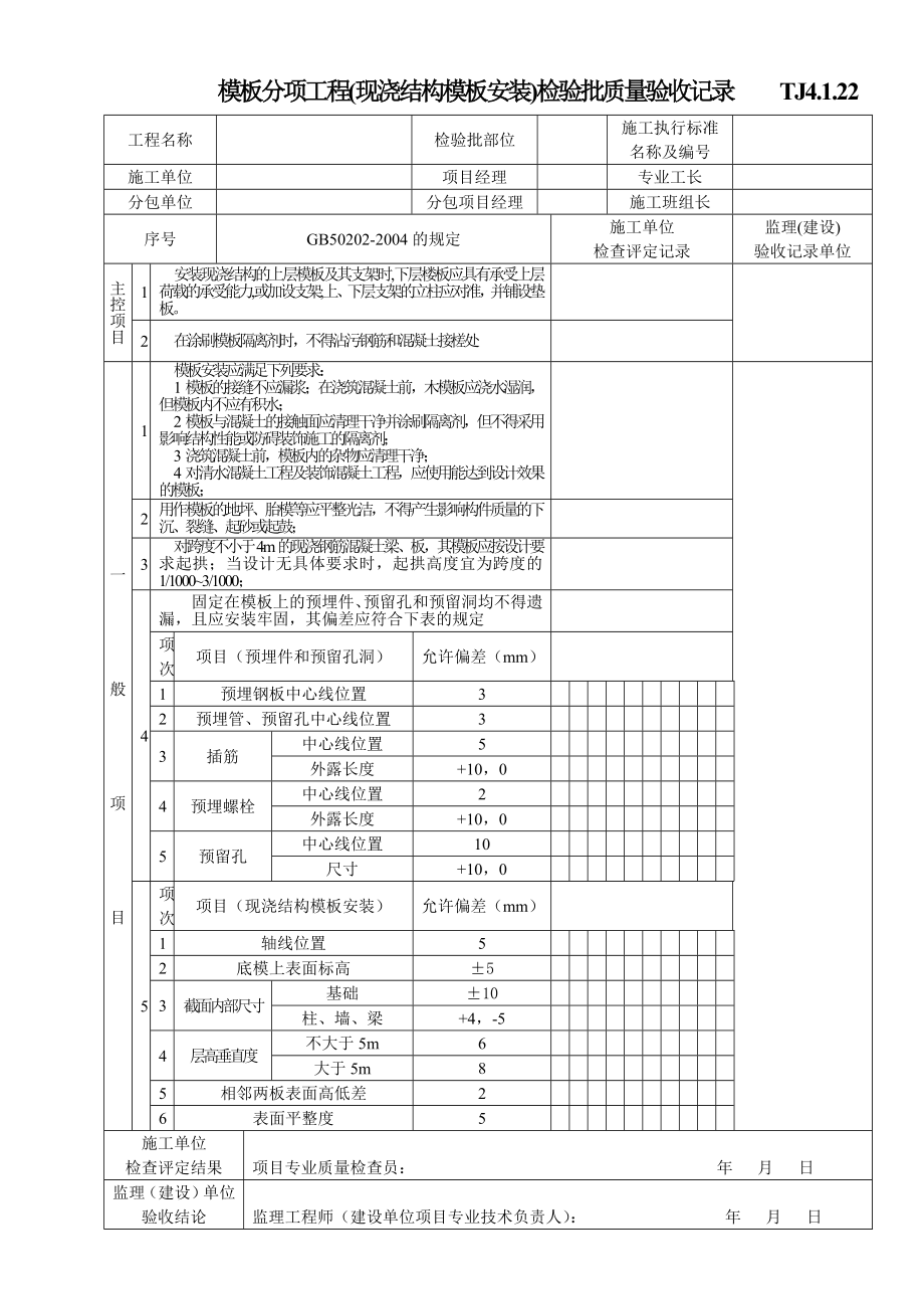 江苏资料表格土建TJ4.1.22模板分项工程(现浇结构模板安装)检验批质量验收记录（indoc整理） .doc_第1页