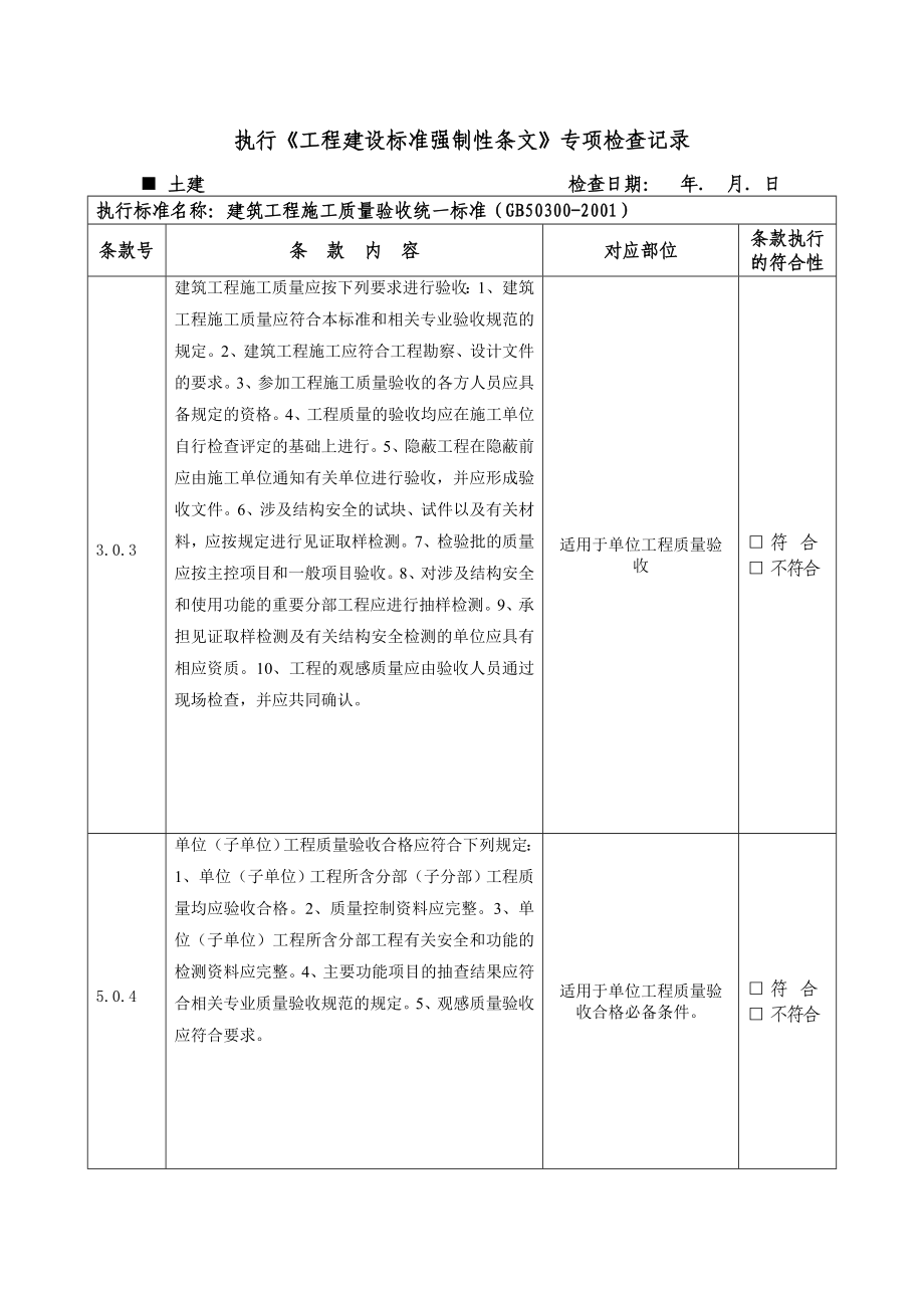 《土建工程建设标准强制性条文》专项检查记录表.doc_第1页