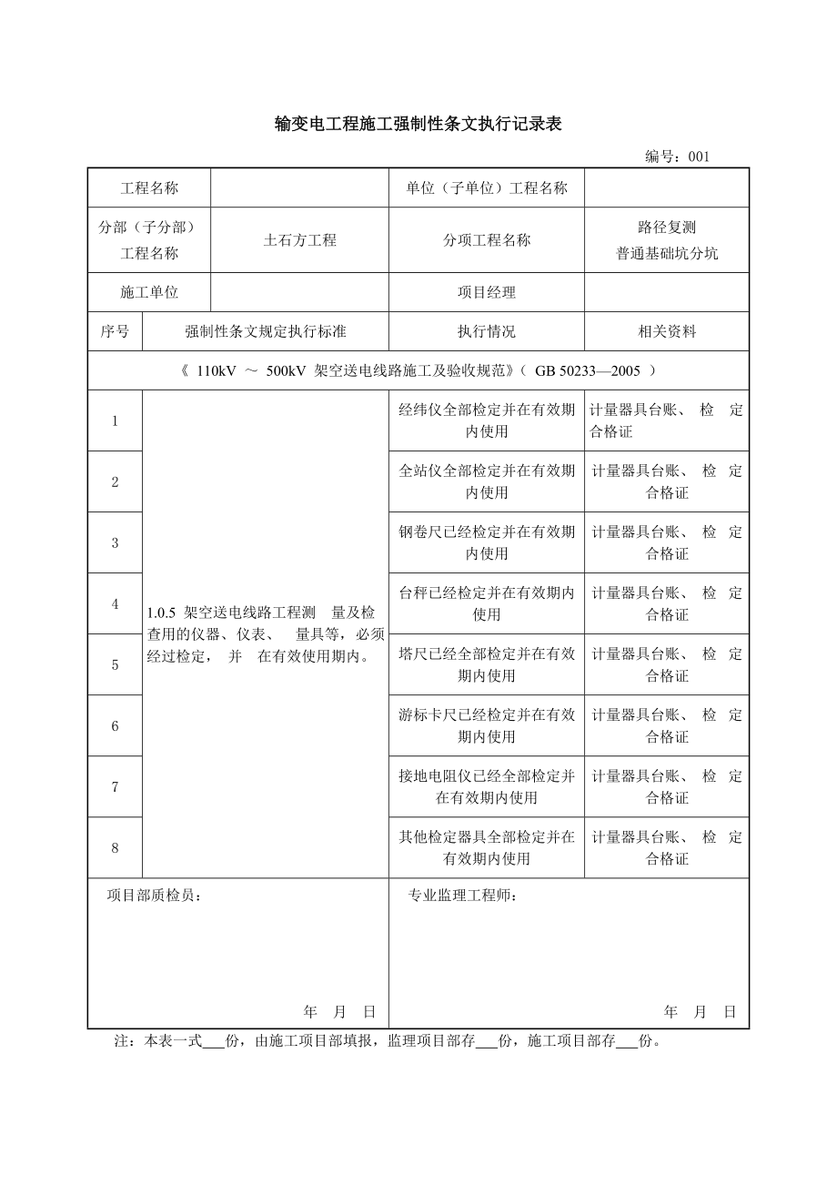 输变电工程施工强制性条文执行记录表.doc_第1页