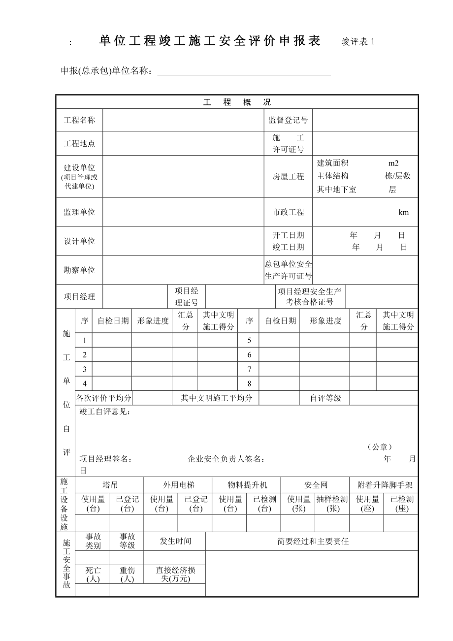 单位工程竣工施工安全评价申报表.doc_第1页