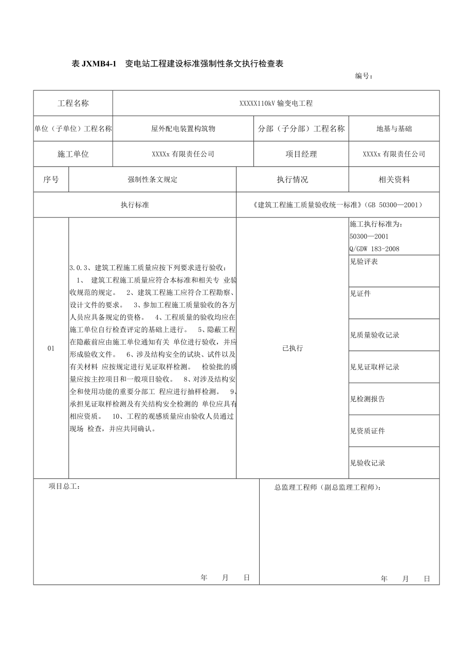 屋外配电装置构筑物强制性条文执行检查表.doc_第1页