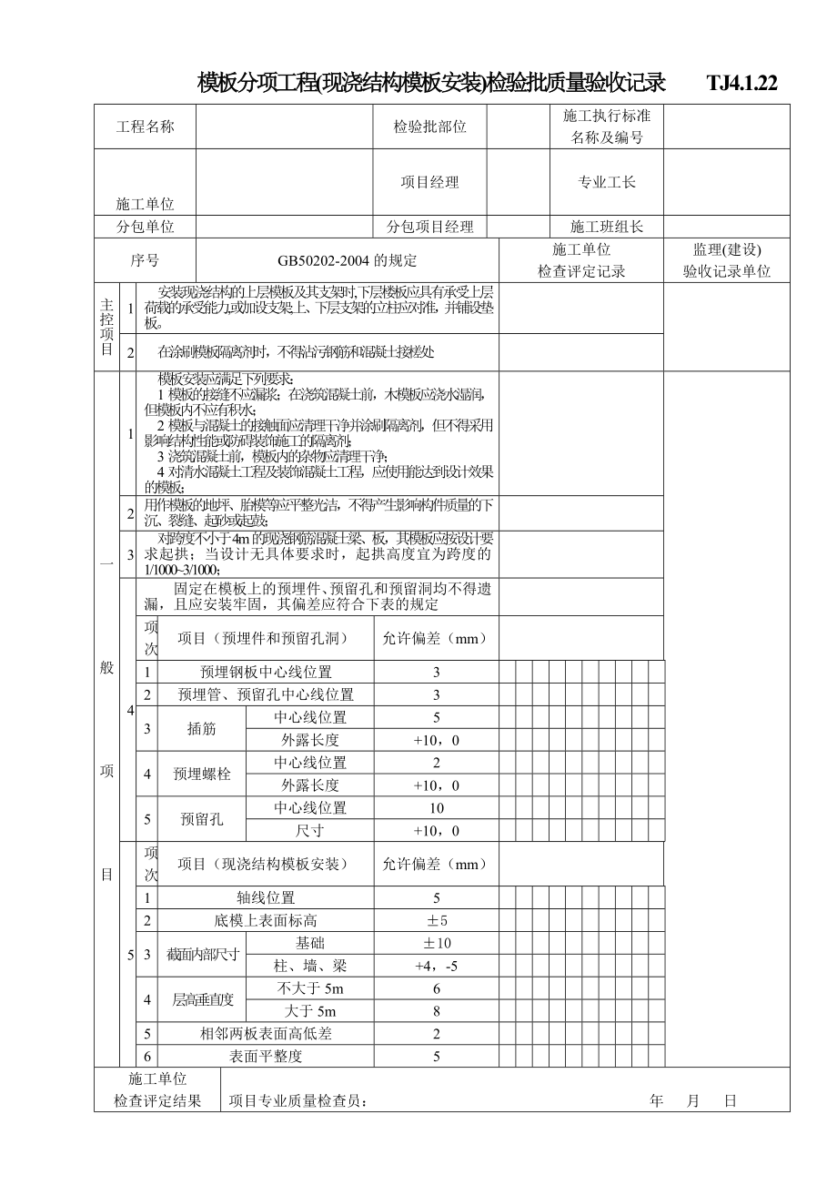 江苏资料表格土建TJ4.1.22模板分项工程(现浇结构模板安装)检验批质量验收记录（indoc整理）.doc_第1页