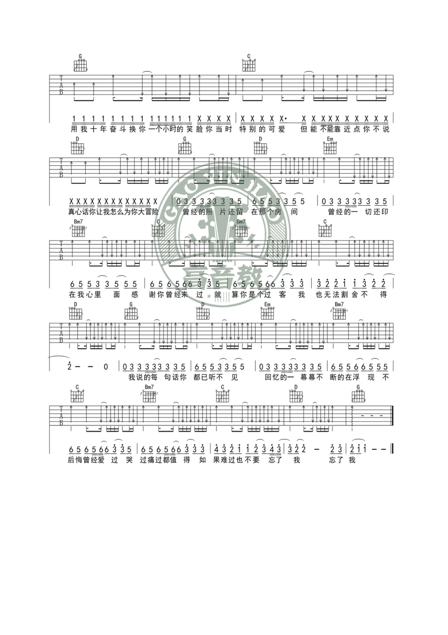 感谢你曾来过吉他谱六线谱 Ayo97阿涵 G调精华版变调夹夹1品高音教的猴哥编配制作 吉他谱_1.docx_第2页
