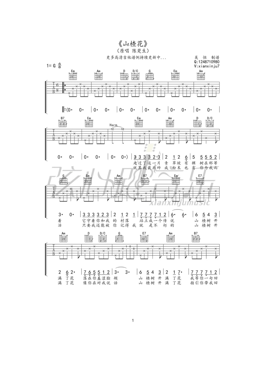 山楂树吉他谱六线谱 陈楚生 G调高清谱弦心距音乐编配制作 吉他谱.docx_第1页