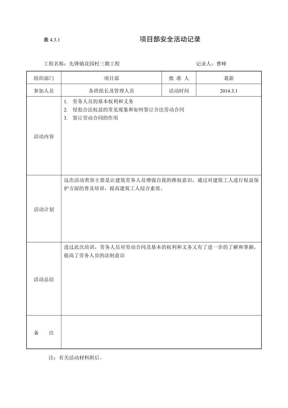 住宅小区工程项目部安全活动记录.doc_第1页