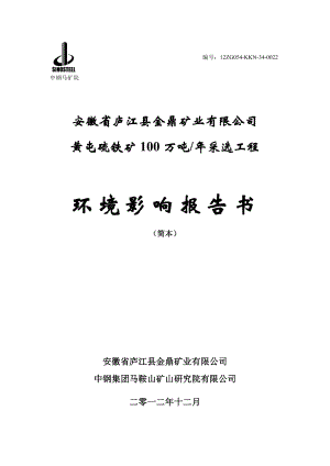 安徽庐江金鼎矿业黄屯硫铁矿100万吨采选工程环境影响报告书.doc