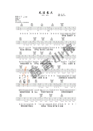 无法长大吉他谱六线谱 赵雷 G调高清弹唱谱（酷音小伟编谱）原调为C调采用G调指法编配变调夹夹5品为原曲因为男生根据自己的嗓音条件选择变调夹 吉他谱.docx