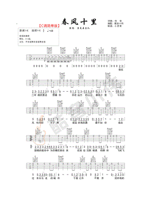 春风十里吉他谱六线谱 鹿先森乐队 C调简单版高清弹唱谱（酷音小伟编谱） 吉他谱.docx