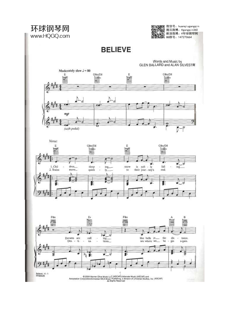 BELIEVE（选自电影主题音乐《极地快递 The Polar Express》 原声钢琴曲集14首） 钢琴谱.docx_第1页