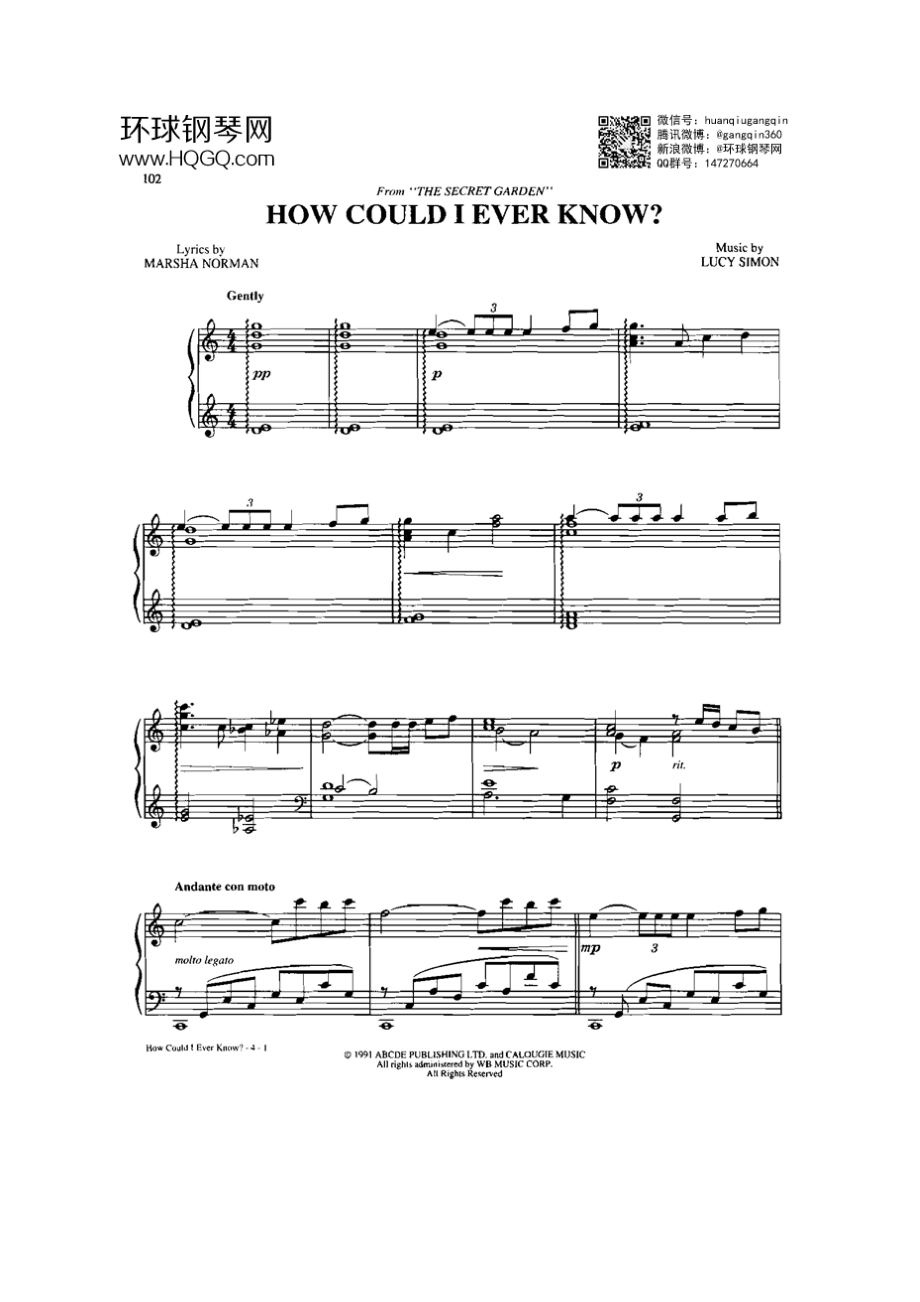 HOW COULD I EVER KNOW（选自《77首Dan Coates 流行情调钢琴谱》） 钢琴谱.docx_第1页