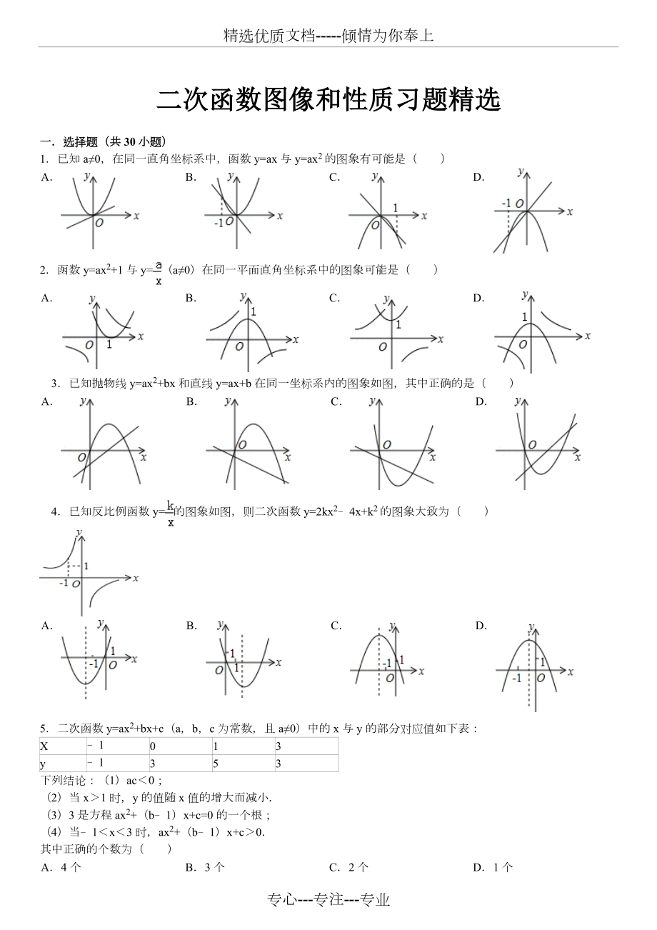 二次函数图像和性质习题精选.doc_第1页