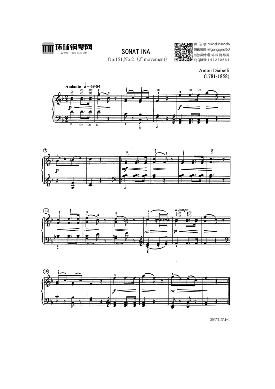 SONATINA（Op.151,No.2 2nd movement） 钢琴谱.docx_第1页