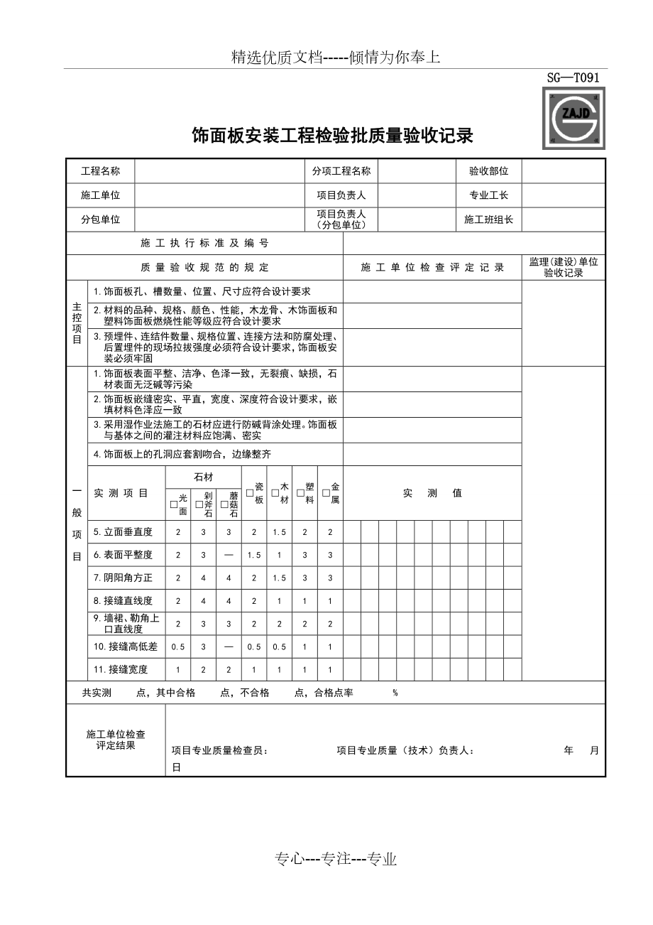 SG-T091饰面板安装工程检验批质量验收记录.doc_第1页