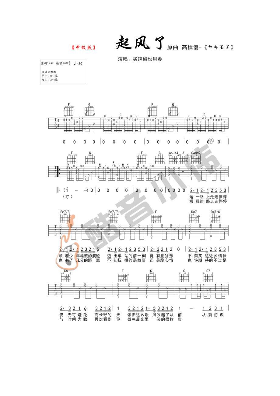 起风了吉他谱六线谱买辣椒也用券C调酷音小伟吉他弹唱教学版高清弹唱谱吉他谱.docx_第1页