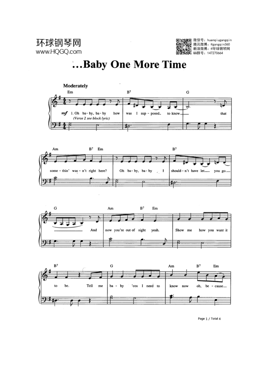 Baby One More Time（附歌词） 钢琴谱.docx_第1页