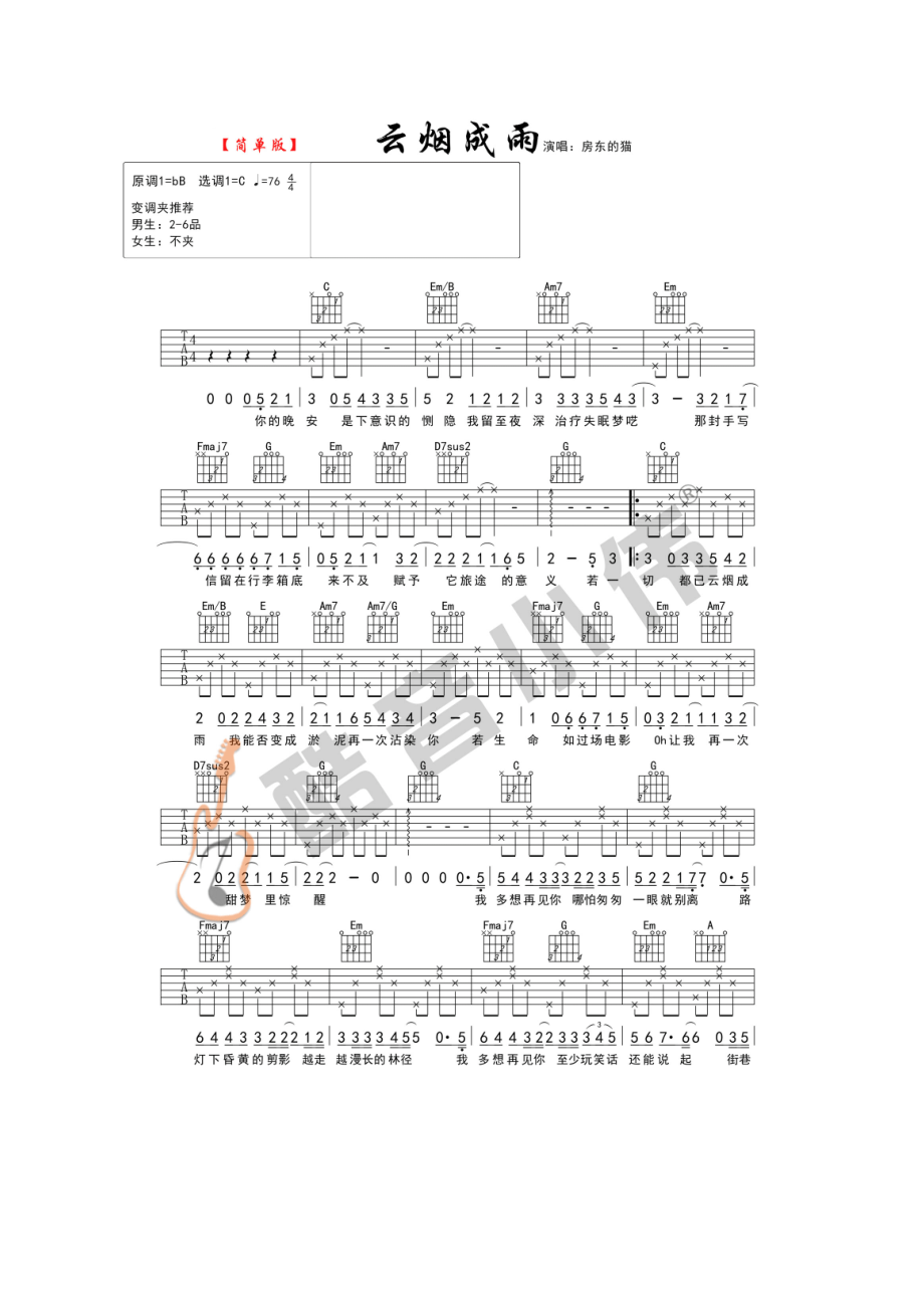 房东的猫 云烟成雨吉他谱六线谱 C调简单版指法编配酷音小伟吉他编配制作变调夹位置推荐男生2 吉他谱.docx_第1页