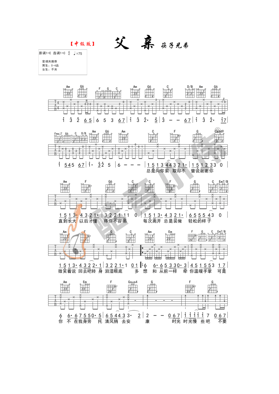 父亲吉他谱六线谱筷子兄弟C调中级版高清弹唱谱酷音小伟吉他教学版吉他谱.docx_第1页