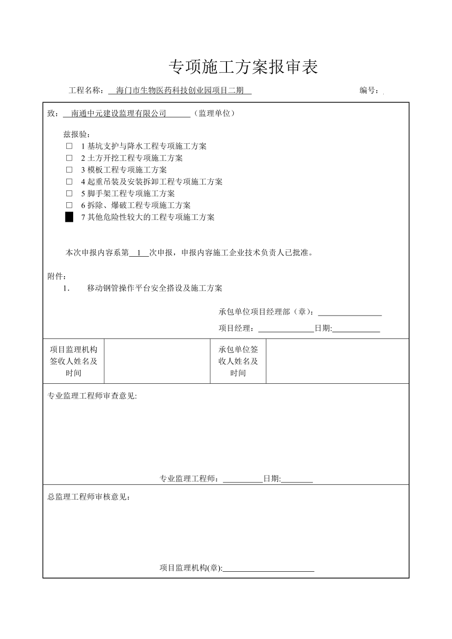 生物医药科技创业园项目专项施工方案报审表.doc_第1页