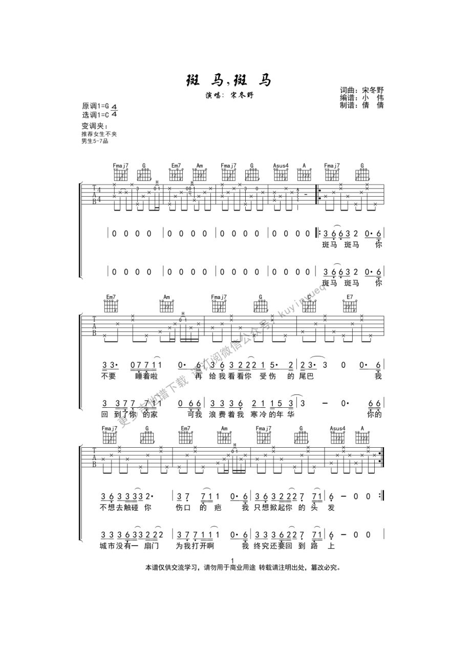 斑马斑马吉他谱六线谱宋冬野C调指法编配酷音小伟编配制作吉他谱.docx_第1页