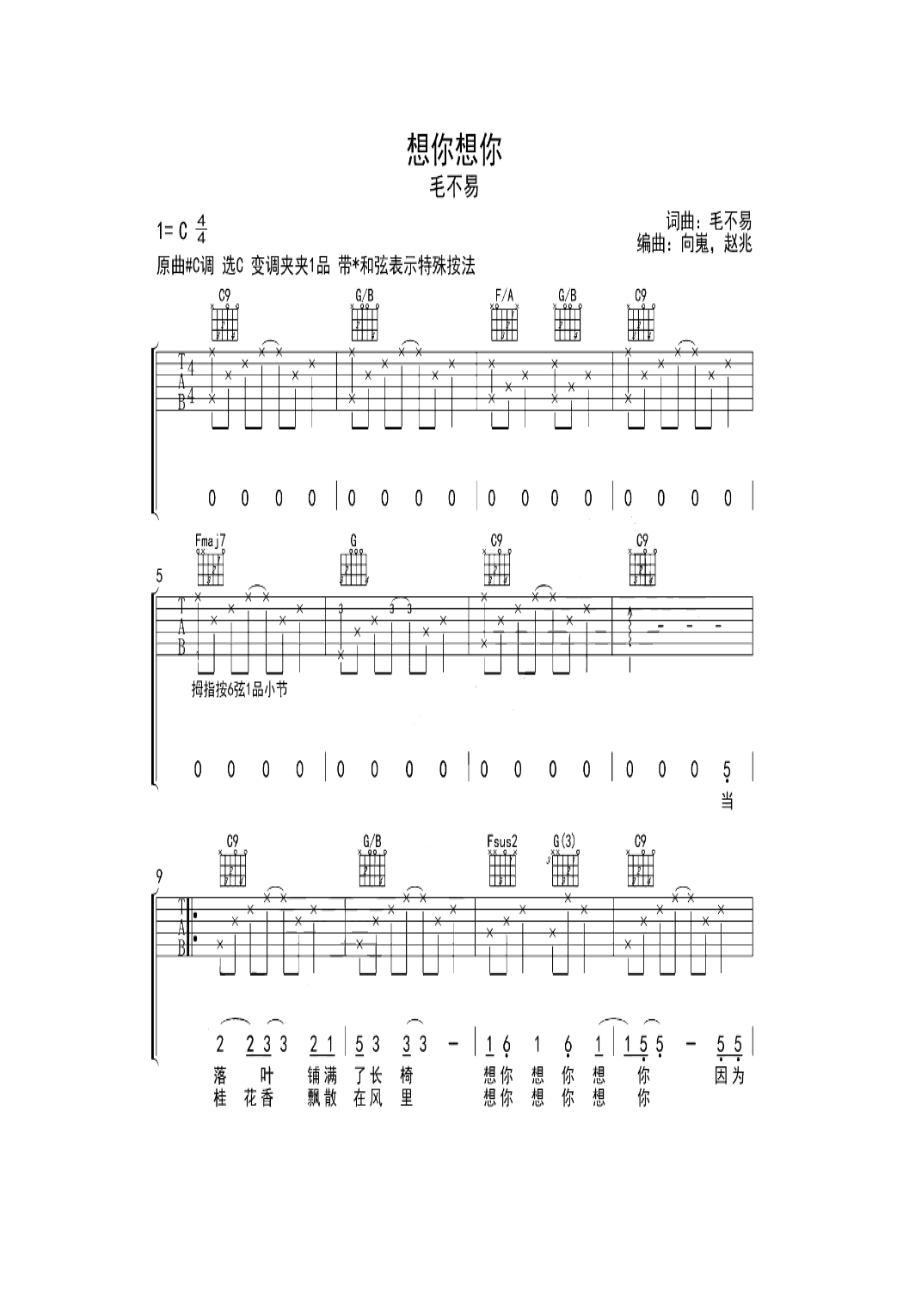 毛不易《想你想你》 吉他谱.docx_第1页
