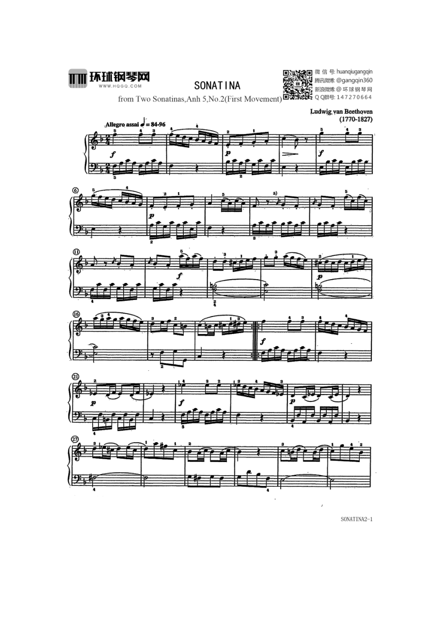 SONATINA(from Two Sonatinas,Anh5,No.2 First Movement) 钢琴谱.docx_第1页